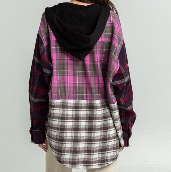 Urban Outfitters BDG Serena Spliced Flannel Plaid Button Down Hooded Shirt XS - Picture 4 of 12